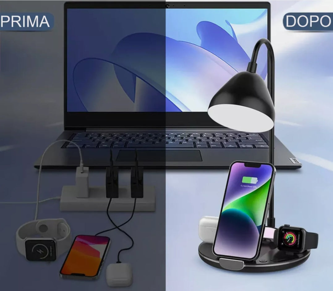 Lampada Da Tavolo LED Ricaricabile 5in1 Senza Fili Caricabatterie Wireless