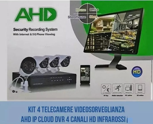 Kit di Videosorveglianza DVR + 4 Telecamere FULL CCTV AHD + Alimentatore + Cavi