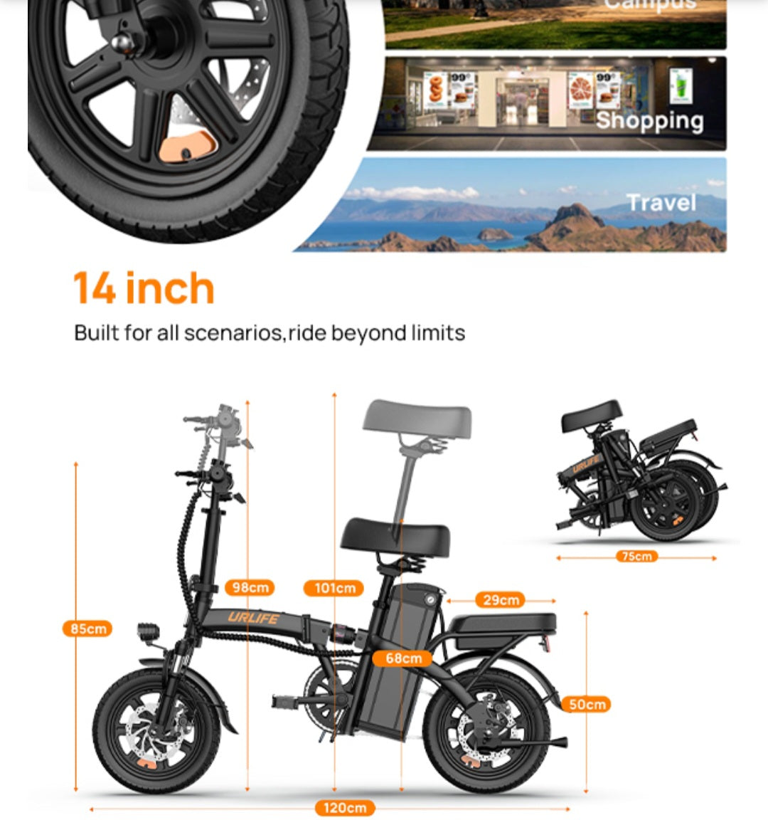 Bici Elettrica, 14" Bicicletta Elettrica Pieghevole con 3 Modalità di Guida, Batteria Rimovibile 48V 7.5Ah Autonomia di 60 km E-bike da per Adulti e piccini
